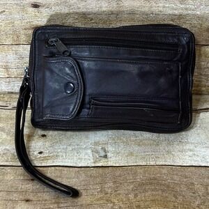 Unbranded Brown Leather Multi Pocket Wristlet Clutch Bag Travel Organizer Wallet